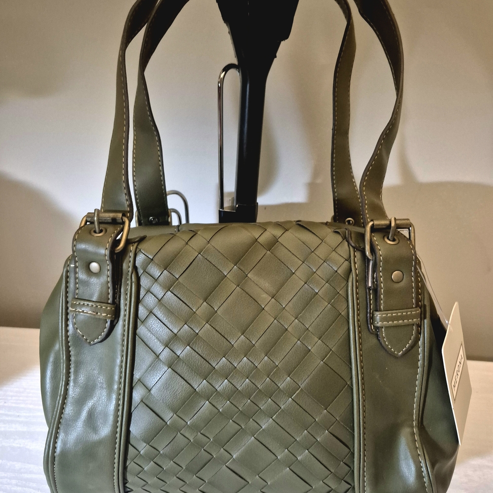 Olive Green Woven Faux Leather Handbag NWT